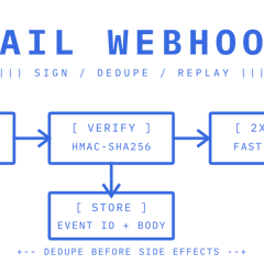 Webhook pipeline panel showing an event verified by signature, stored by event id and acknowledged fast