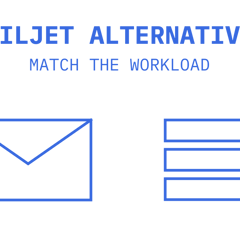 An envelope and stacked record blocks illustrate sending requirements and retained mailbox state when comparing Mailjet alternatives.