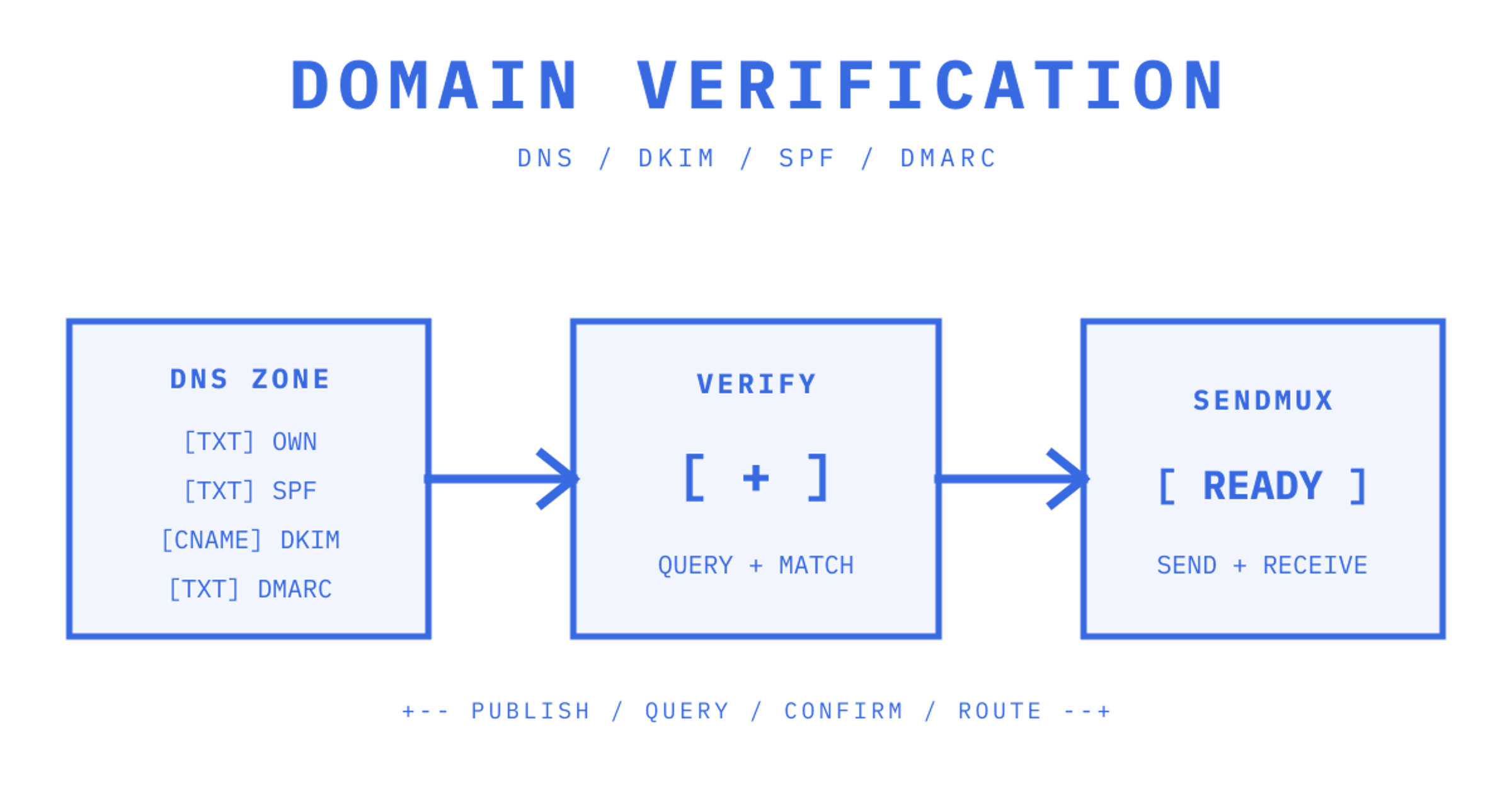 DNS ownership, SPF, DKIM, and DMARC records flowing through verification checks
